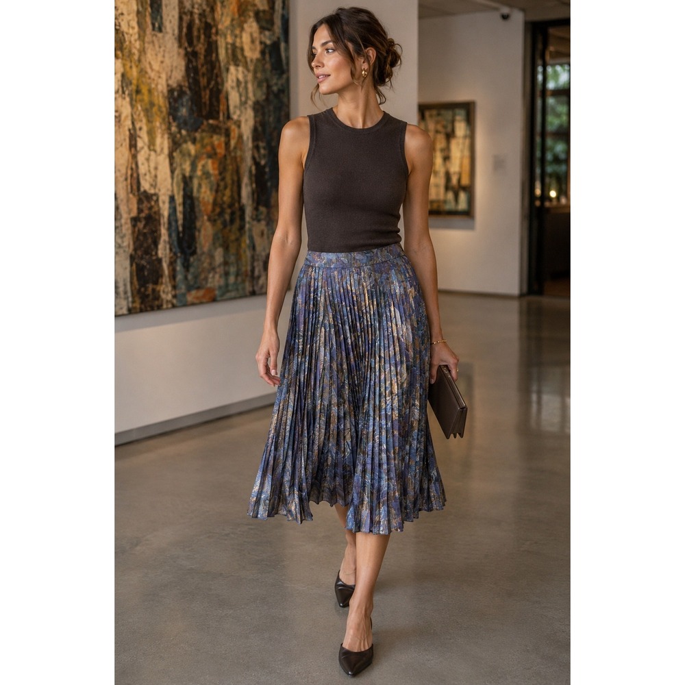 Hemant & Nandita Metallic Jacquard Pleated Midi Skirt Blue Gold Geometric 2